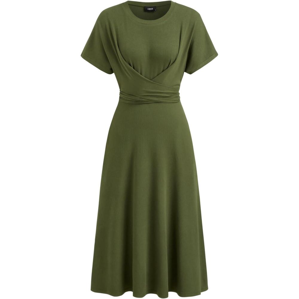 imageCIDER Ruched Elegant Dresses Wrap Front Midi Casual Short Sleeve DressOlive Green