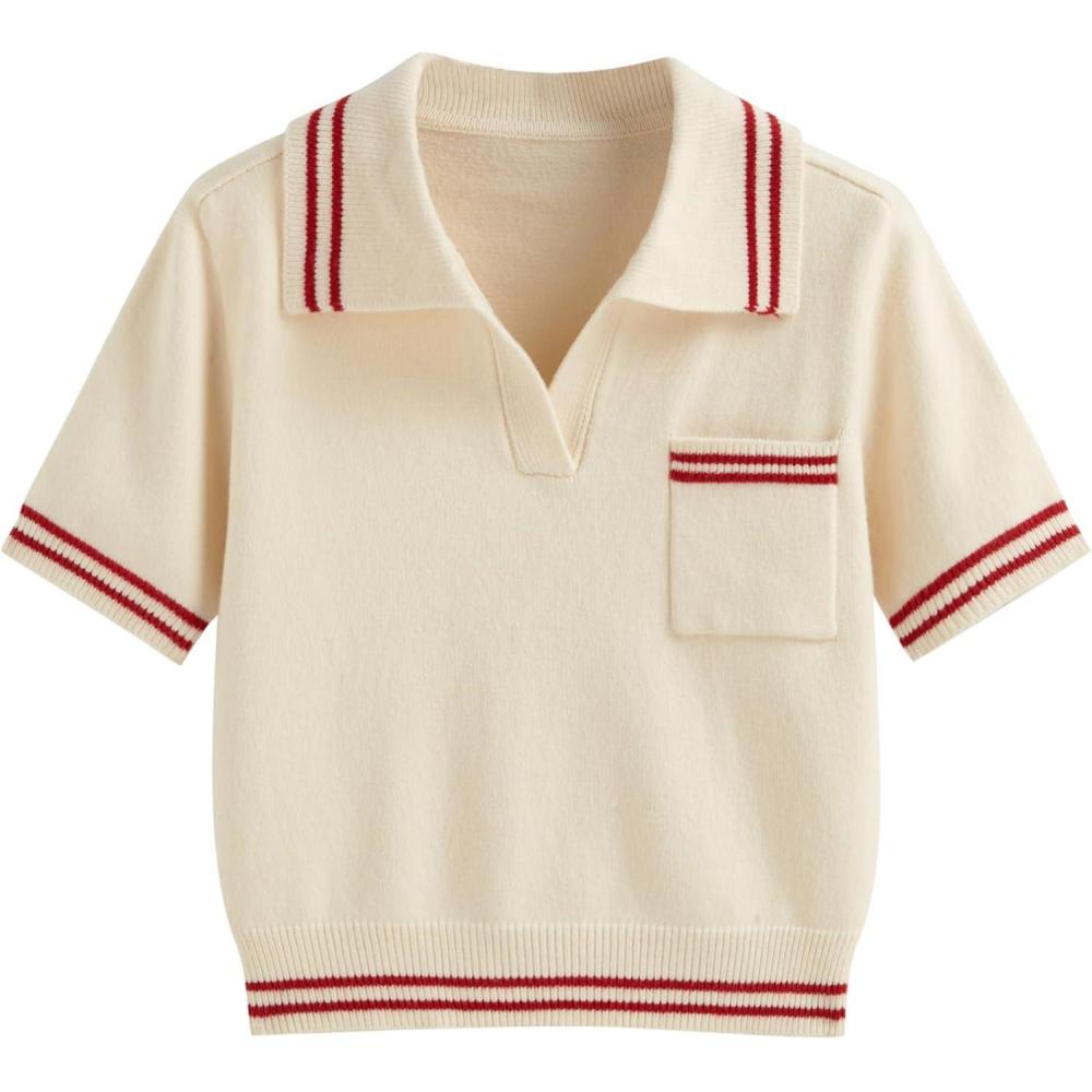 imageCIDER Short Sleeve Sweater Knit Top Collar Neck Stripe Pullover Casual Elegant Womens Collared SweatersRed