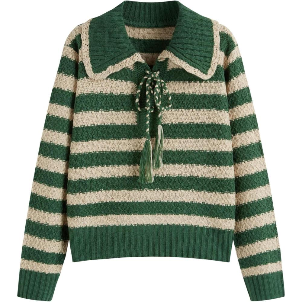imageCIDER Striped Sweaters for Women Collar Knit Long Sleeve Knotted Loose Fit Pullover Winter Sweater Fall TopsGreen