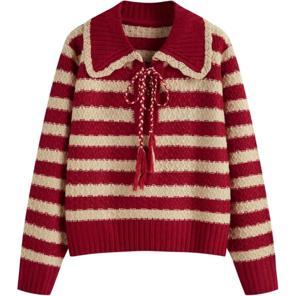imageCIDER Striped Sweaters for Women Collar Knit Long Sleeve Knotted Loose Fit Pullover Winter Sweater Fall TopsRed