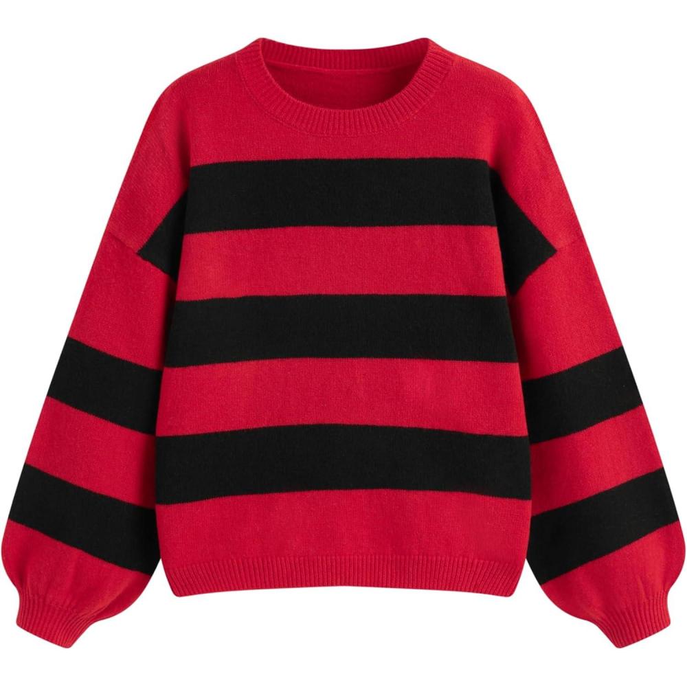 imageCIDER Striped Sweaters for Women Cute Long Sleeve Crew Neck Knit Lightweight Pullover Sweater Tops Fall Outfits TrendyBlack  Wine