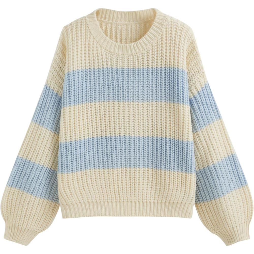 imageCIDER Striped Sweaters for Women Cute Long Sleeve Crew Neck Knit Lightweight Pullover Sweater Tops Fall Outfits TrendySky Blue
