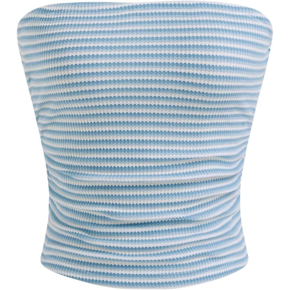 imageCIDER Summer Striped Tube Tops for Women Sleeveless Casual Strapless Crop Tops TrendyBlue