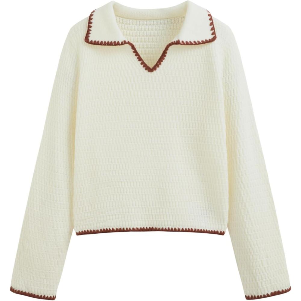imageCIDER Sweaters for Women Trendy Color Trim Cute Long Sleeve V Neck Collared Knit Pullover Sweater Tops Fall OutfitsBeige