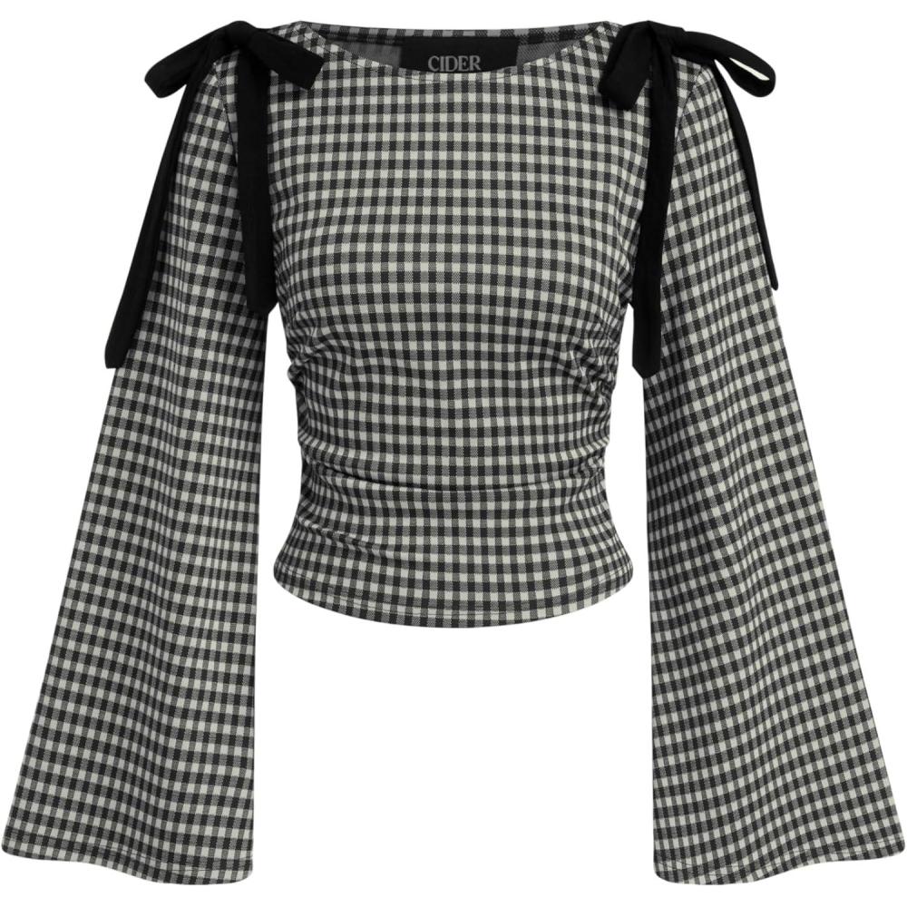 imageCIDER Tops Gingham Bowknot Ruched Long Sleeve Boat Neck Slim Fit TopBlack