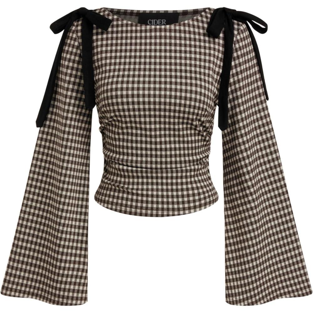 imageCIDER Tops Gingham Bowknot Ruched Long Sleeve Boat Neck Slim Fit TopCoffee
