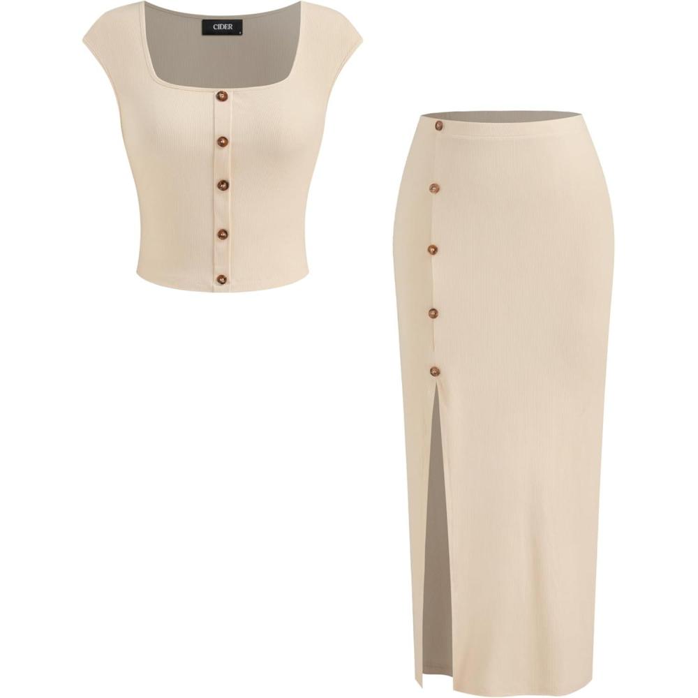 imageCIDER Two Piece Outfit Button for Women Down Crop Top Midi Skirt SetChampagne