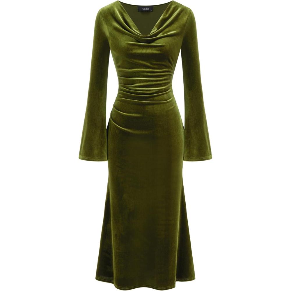 imageCIDER Velvet Dress Fall Wedding Guest Dresses for Women Long Belll Sleeve Cowl Neck Midi Cocktail Formal Dresses TrendyGreen