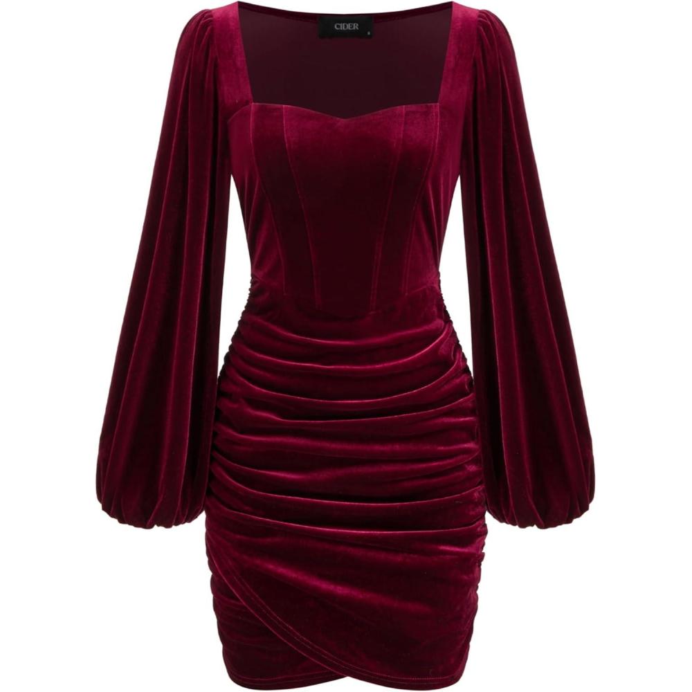 imageCIDER Velvet Mini Dresses Cocktail Long Lantern Sleeve Wedding Guest Dress Fall Fashion Bodycon Party Club OutfitsWine