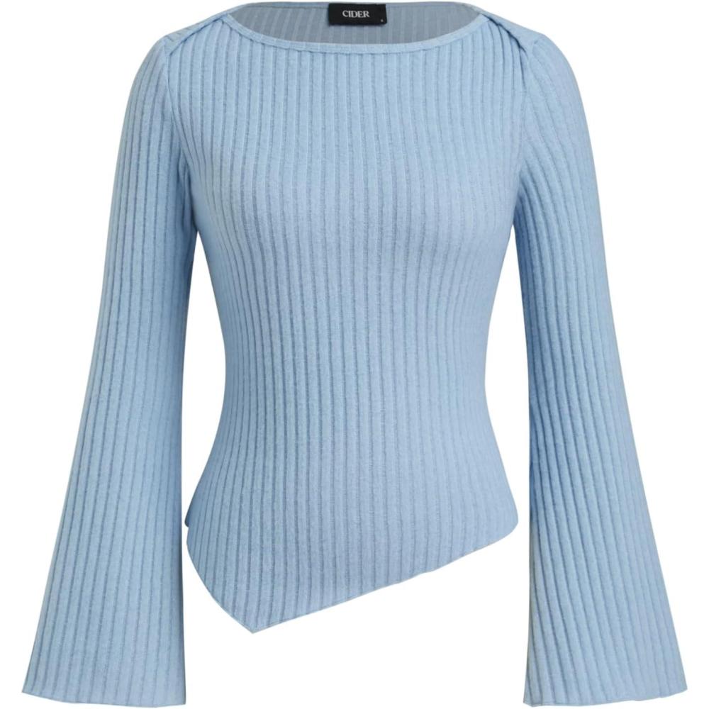 imageCIDER Womens Boat Neck Tops Bell Long Sleeve Shirts Asymmetrical Hem Ribbed Knit Trendy Fall Going Out Tops Y2K ClothesLight Blue