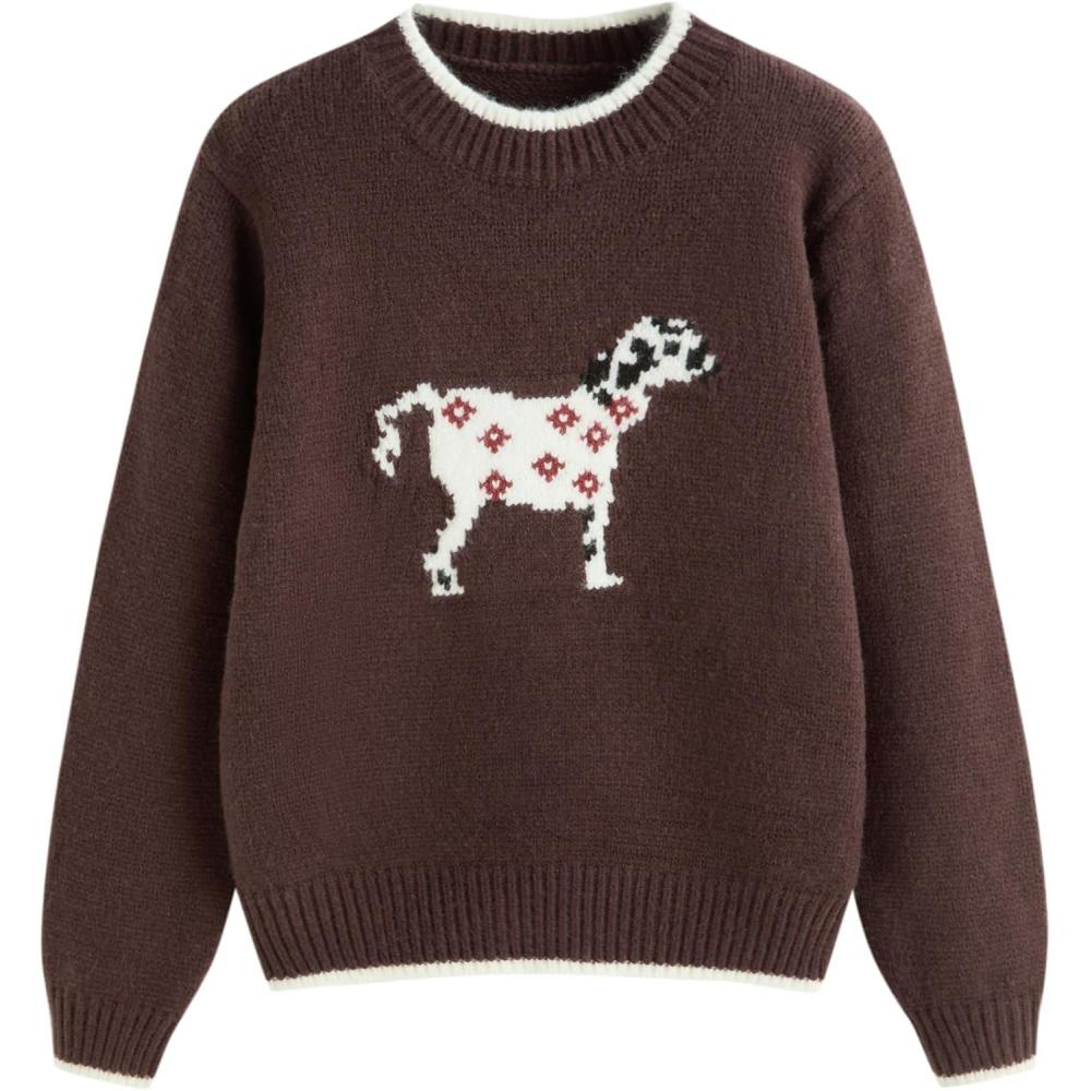 imageCIDER Womens Fall Sweaters Long Sleeve Cute Sweaters Bear Graphic Crewneck Soft Knit Casual Cropped Pullover4brown