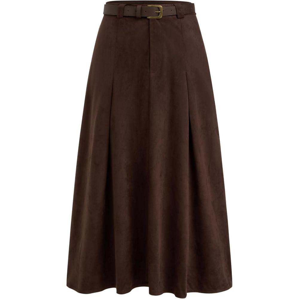 imageCIDER Womens Faux Suede Maxi Skirts Pleated High Waist ALine Skirt with Belt Vintage Going Out Outfit Fall TrendyBrown