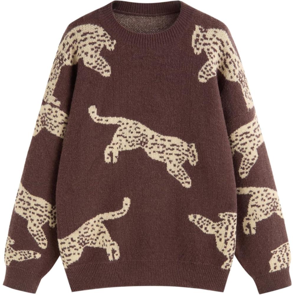 imageCIDER Womens Leopard Crew Neck Long Sleeve Boho Knit Sweater Casual Pullover Fall SweaterCoffee