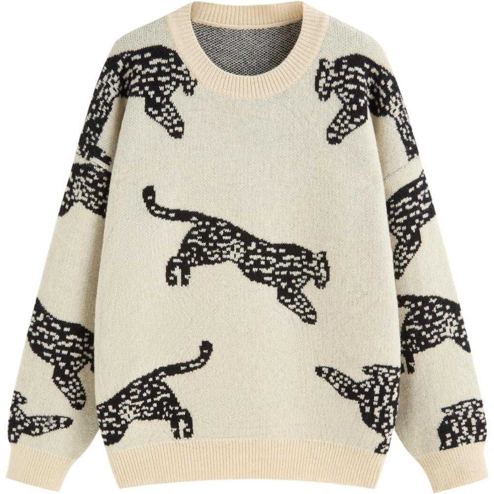 imageCIDER Womens Leopard Crew Neck Long Sleeve Boho Knit Sweater Casual Pullover Fall SweaterKhaki