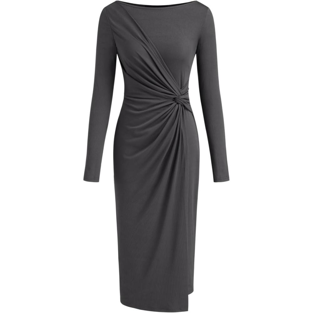 imageCIDER Womens Long Sleeve Dress Boat Neck Twist Waist Bodycon Midi Dress Elegant Cocktail Party Trendy Fall DressesGrey
