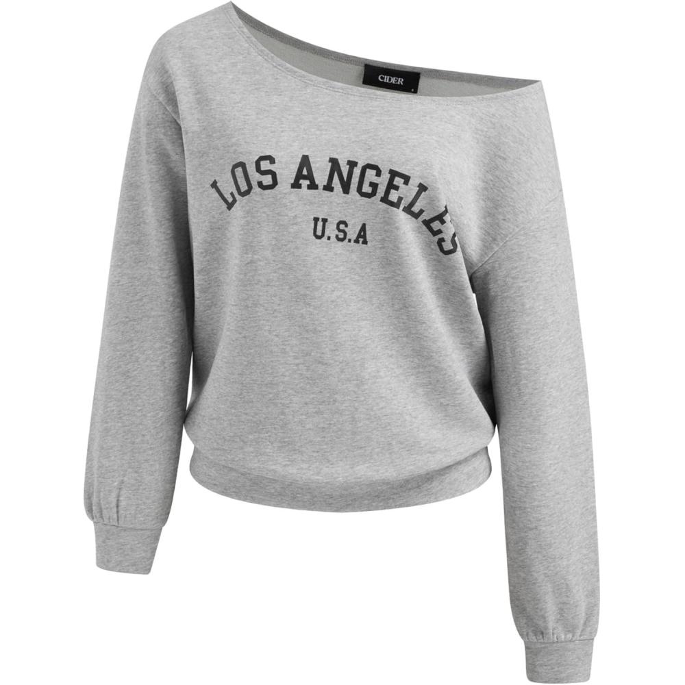 imageCIDER Womens Off Shoulder Sweatshirt Letter Printed Y2k Basic Casual Trendy Top Fall Fashion Pullover ShirtGrey