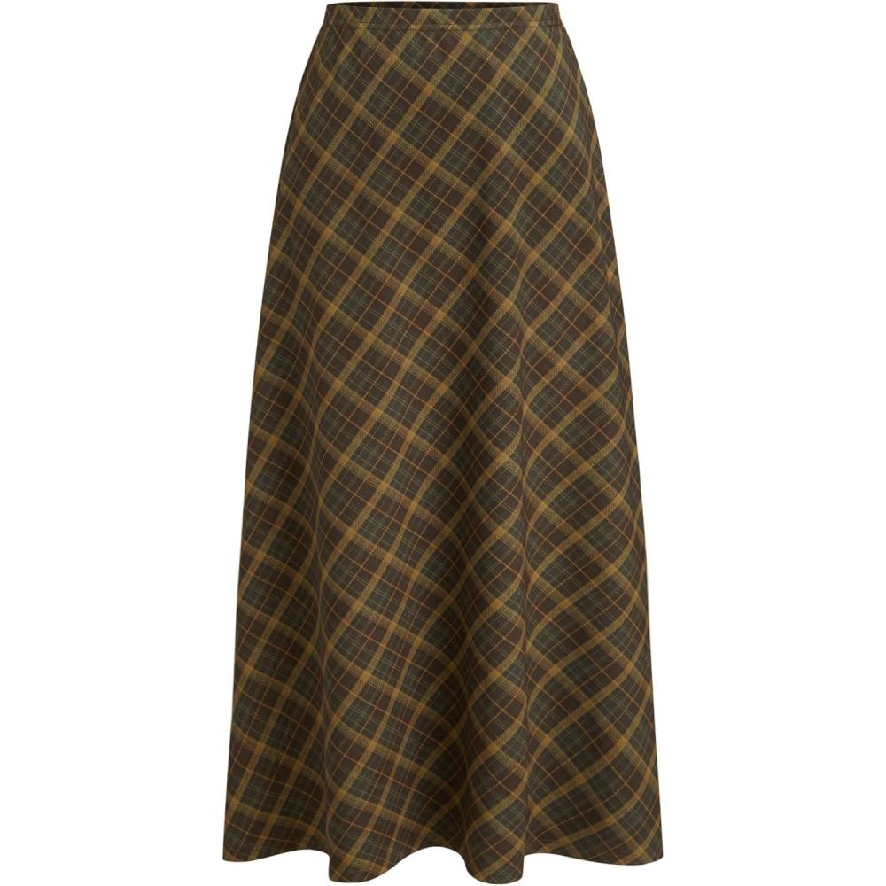 imageCIDER Womens Plaid Maxi Skirt ALine Pleated Fall Fashion Gingham Skirts Going Out Cute Trendy Casual Vintage OutfitBrown