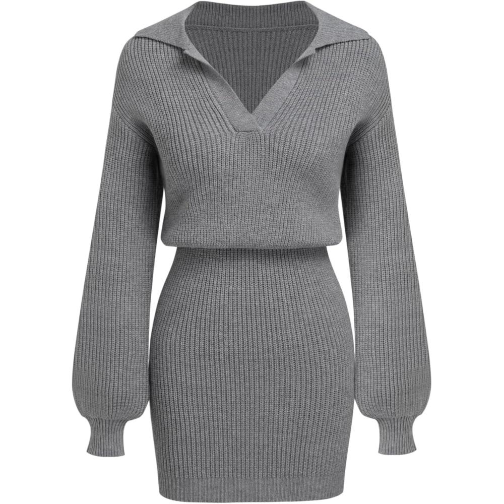 imageCIDER Womens Ribbed Knit Sweater Dress Long Sleeve V Neck Mini Cozy Dress Collared 2025 Fall DressesGrey