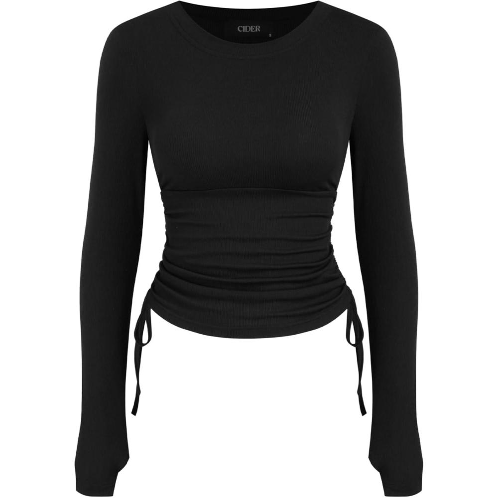imageCIDER Womens Ruched Ribbed Top Y2k Fall Fashion Long Sleeve Basic Crop Tops Going Out Trendy Business Casual OutfitBlack