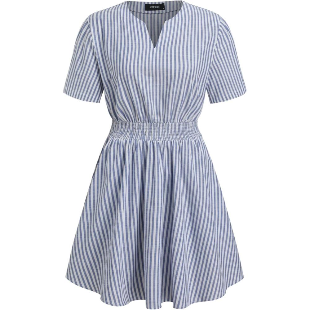 imageCIDER Womens Striped Dress Summer Casual Short Sleeve Mini Dress Elastic WaistSky Blue