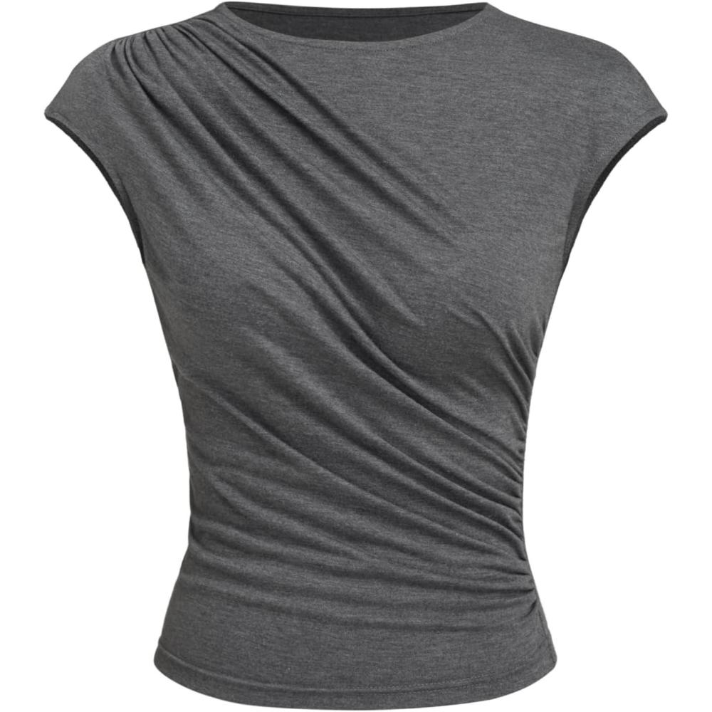 imageCIDER Womens Summer Ruched Tops Crew Neck Cap Sleeve Casual Tops Trendy TShirtGrey
