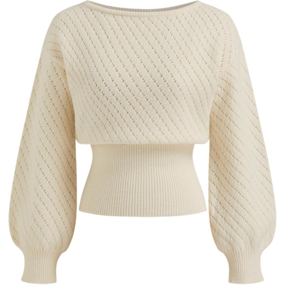 imageCIDER Womens Sweater Boat Neck Knit Sweater Balloon Sleeve for Women Knit Tops 2025 FallBeige
