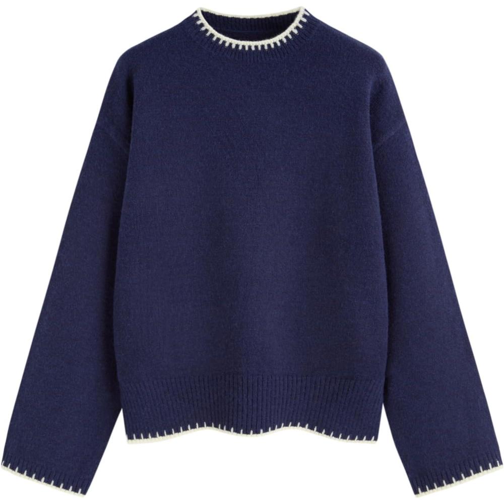 imageCIDER Womens Sweater Long Sleeve Split Hem Color Block Crew Neck Tops Fall OutfitsDark Navy