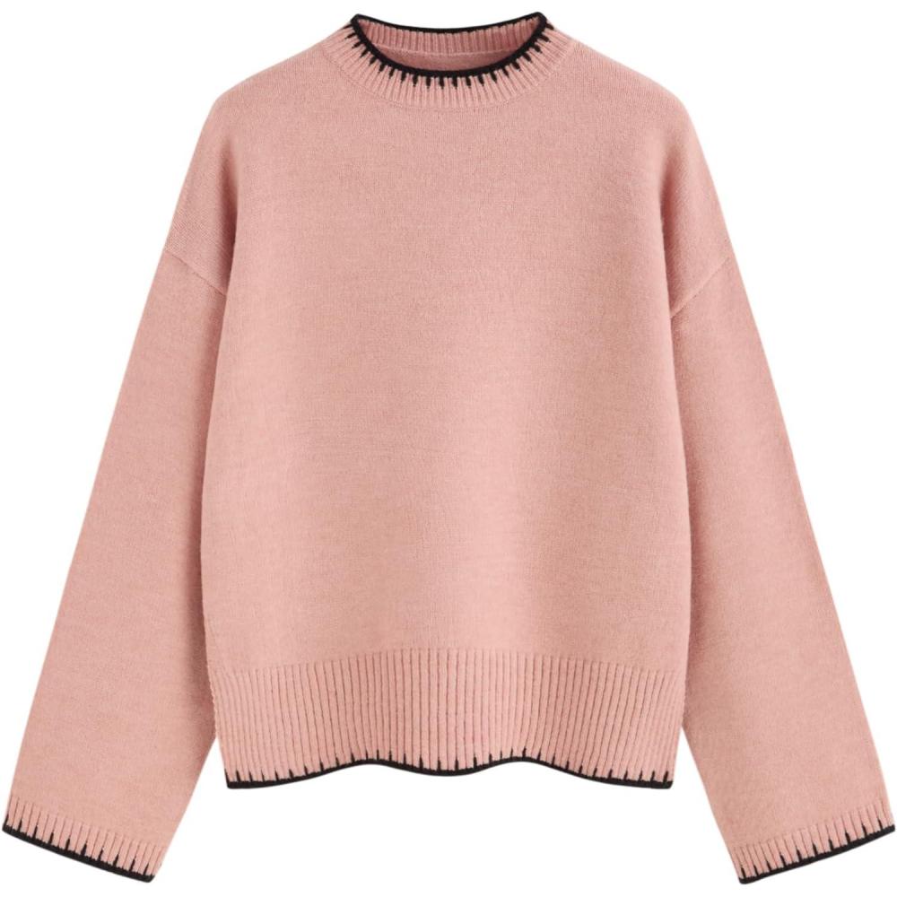 imageCIDER Womens Sweater Long Sleeve Split Hem Color Block Crew Neck Tops Fall OutfitsPink