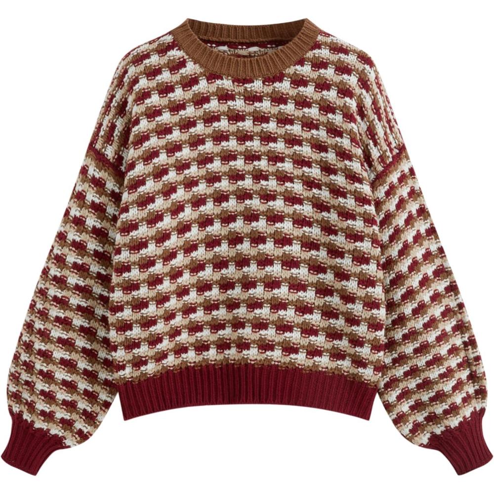 imageCIDER Womens Sweaters Jacquard Long Sleeve Trendy Knit Sweater Pullover Loose Fit Casual Old Money Fall OutfitsRed
