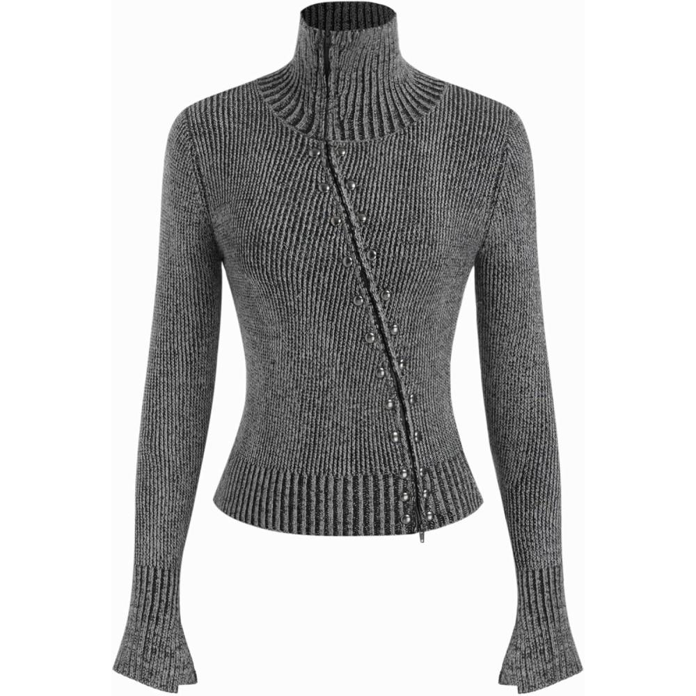 imageCIDER Zipper Cardigan Sweaters for Women Trendy Stand Collar Rivet Cardigans Split Long Sleeve Fall WinterGrey