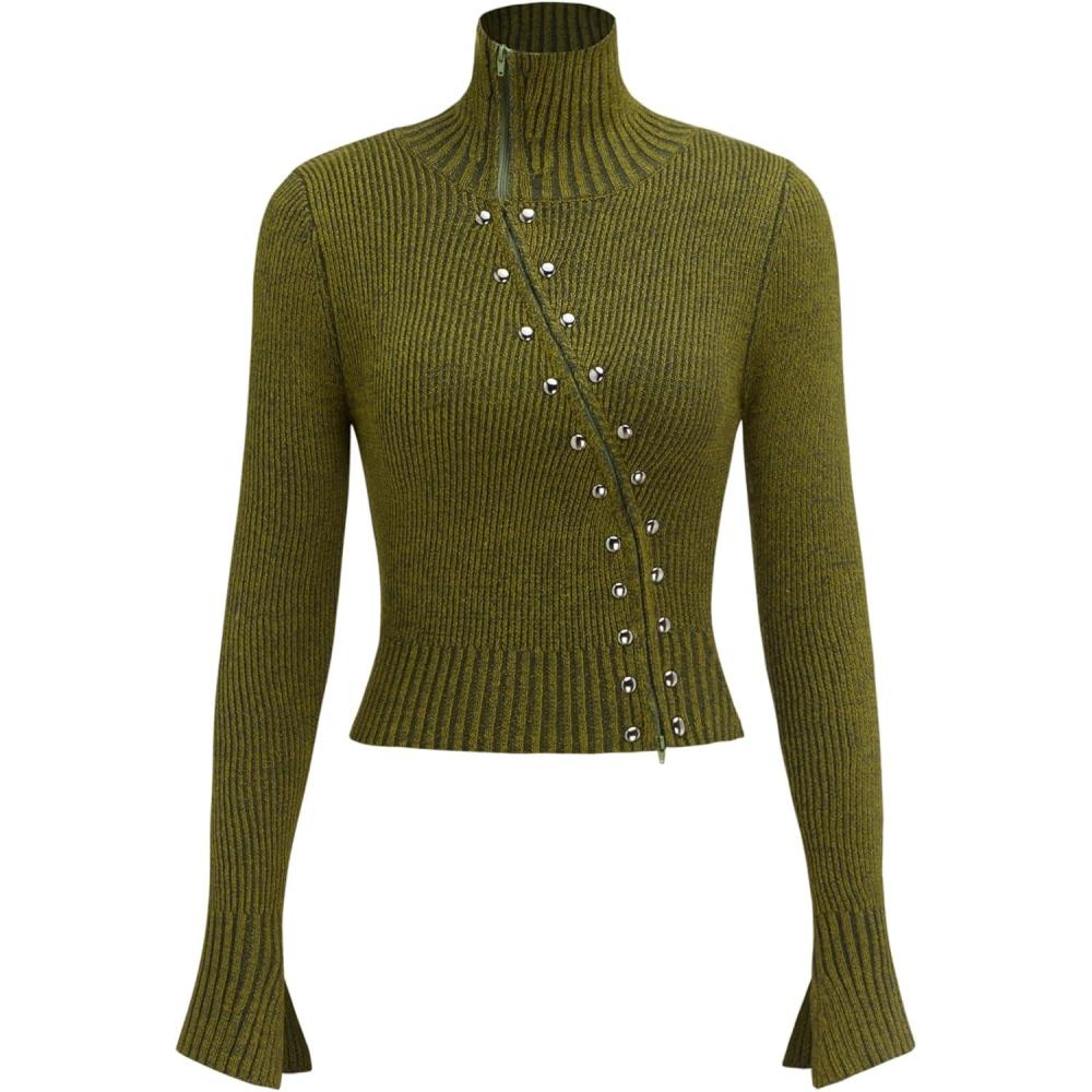 imageCIDER Zipper Cardigan Sweaters for Women Trendy Stand Collar Rivet Cardigans Split Long Sleeve Fall WinterOlive Green