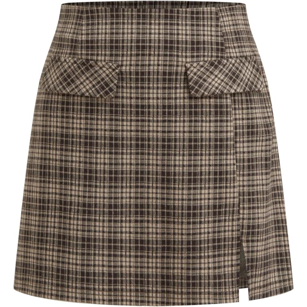 imageCider Mini Skirt High Waist Zip Up Split Bodycon Fitted Party A Line SkirtPlaid Brown
