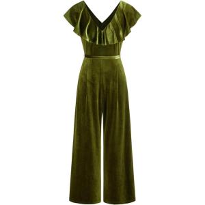 CIDER Cap Sleeve Velvet Jumpsuits for Women V Neck Wide Leg Long Pants Dressy Rompers Tie Waist Fall Overalls(Green)