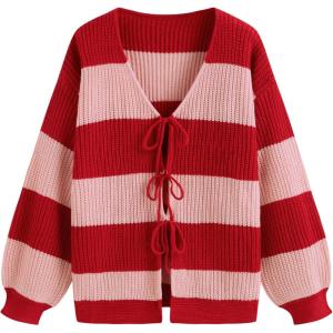 CIDER Cardigan Sweater for Women Tie Front Striped Long Sleeve V Neck Cute Y2k Fall Trendy Outfits(Red)