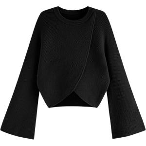 CIDER Cropped Sweaters for Women Trendy Wrap Sweater Bell Sleeve Ribbed Knit Pullover Sweater Fall Outfits(Black)