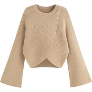 CIDER Cropped Sweaters for Women Trendy Wrap Sweater Bell Sleeve Ribbed Knit Pullover Sweater Fall Outfits(Khaki)