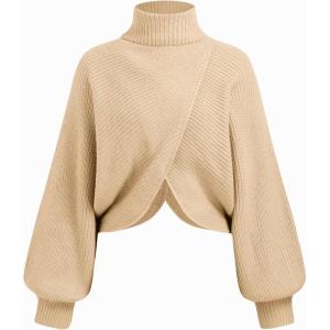CIDER Cropped Sweaters for Women Turtleneck Sweater Long Sleeve Ribbed Knit Lantern Sleeve Pullover Fall Outfits(Beige)