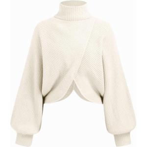 CIDER Cropped Sweaters for Women Turtleneck Sweater Long Sleeve Ribbed Knit Lantern Sleeve Pullover Fall Outfits(Cream)