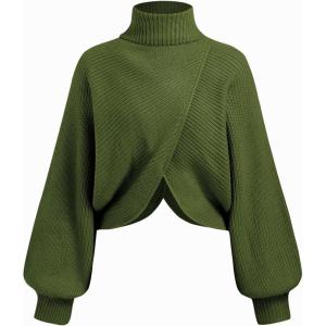 CIDER Cropped Sweaters for Women Turtleneck Sweater Long Sleeve Ribbed Knit Lantern Sleeve Pullover Fall Outfits(Green)