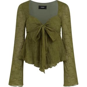 CIDER Cute Going Out Tops for Women Floral Flowy Tops Tie Front Mesh Long Bell Sleeve V Neck Y2K Top Trendy Fall Spring(Olive Green)