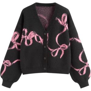 CIDER Fall Cardigan Sweaters for Women Trendy Bow Cardigan Long Sleeve Open Front Button Down Sweater Fall Fashion(Black)