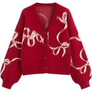 CIDER Fall Cardigan Sweaters for Women Trendy Bow Cardigan Long Sleeve Open Front Button Down Sweater Fall Fashion(Red)