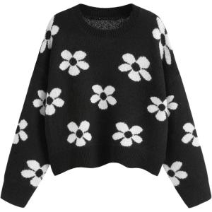 CIDER Floral Cozy Sweaters for Women Trendy Long Sleeve Cute Fall Outfits Casual Knit Pullover Sweater Fashion Clothes(Black)