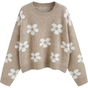 CIDER Floral Cozy Sweaters for Women Trendy Long Sleeve Cute Fall Outfits Casual Knit Pullover Sweater Fashion Clothes(Khaki)