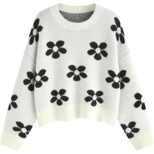 CIDER Floral Cozy Sweaters for Women Trendy Long Sleeve Cute Fall Outfits Casual Knit Pullover Sweater Fashion Clothes(White)
