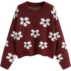CIDER Floral Cozy Sweaters for Women Trendy Long Sleeve Cute Fall Outfits Casual Knit Pullover Sweater Fashion Clothes(Wine)