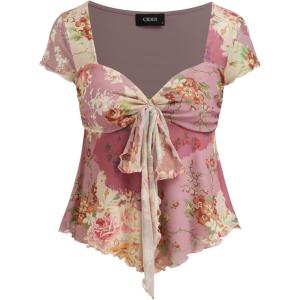 CIDER Floral Tops for Women V Neck Short Sleeve Tie Front Summer Tops(Pink)