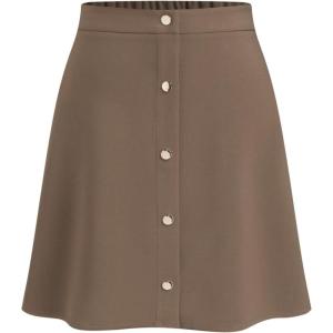 CIDER Knee Length Skirts for Women Button Front A-Line Elastic Mid Waist Solid Casual Basic Midi Skirt Fall Trendy(Tan)