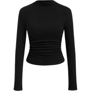 CIDER Mock Neck Tops for Women Thermal Shirts Long Sleeve Ruched Going Out Tops Basic Tee Slim Fit Fall Top(Black)