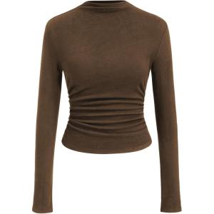 CIDER Mock Neck Tops for Women Thermal Shirts Long Sleeve Ruched Going Out Tops Basic Tee Slim Fit Fall Top(Brown)